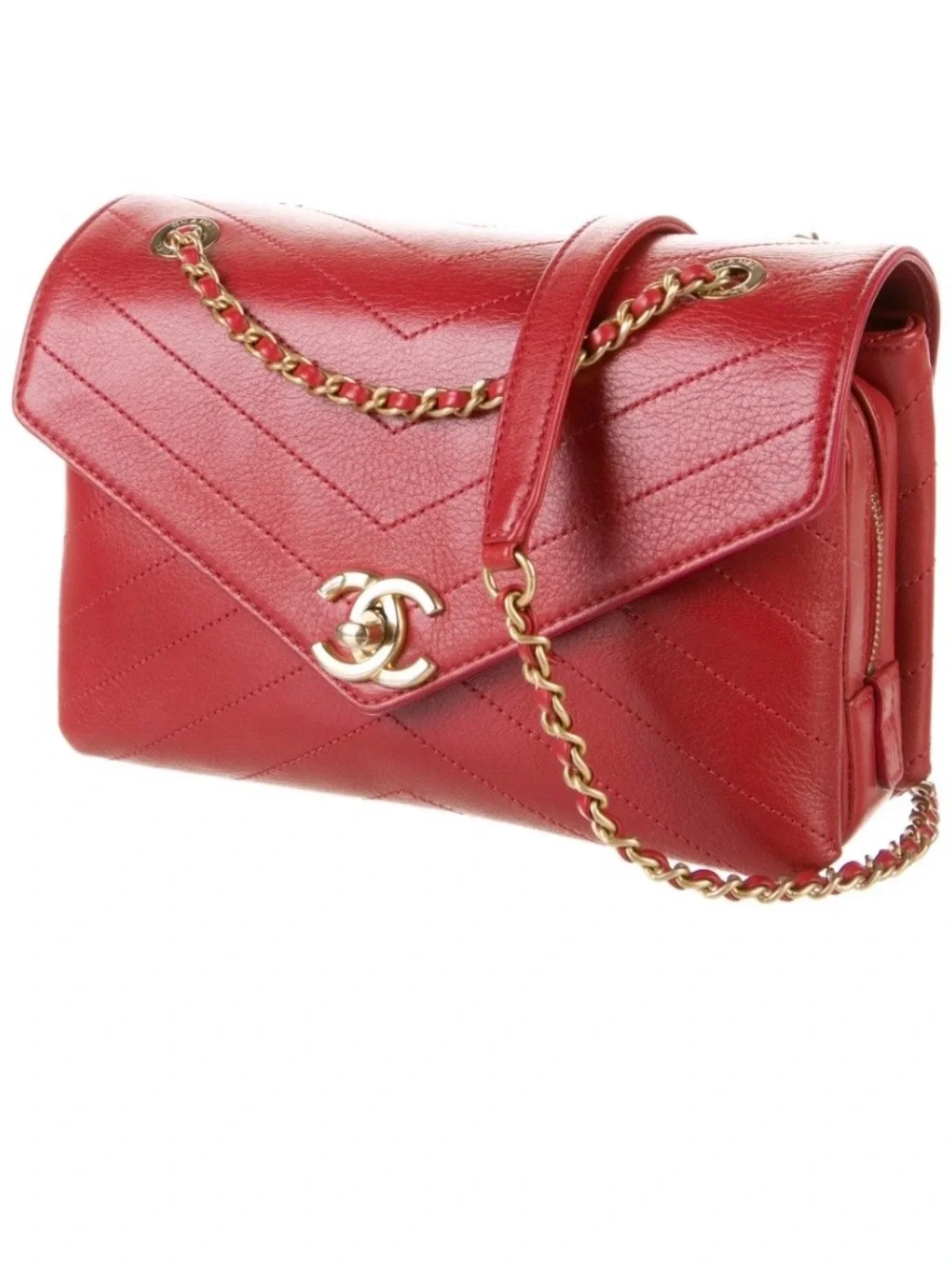 CHANEL Red Chevron Envelope Crossbody Bag with Gold Hardware